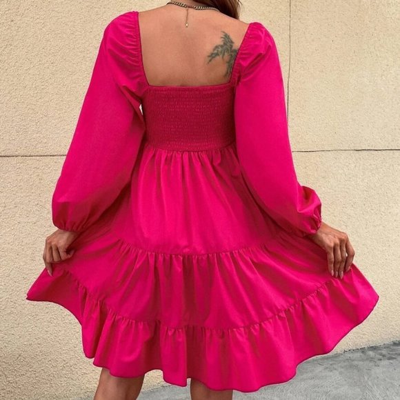 HOT PINK Shirred Lantern Sleeve Ruffle Hem Dress - Picture 5 of 5